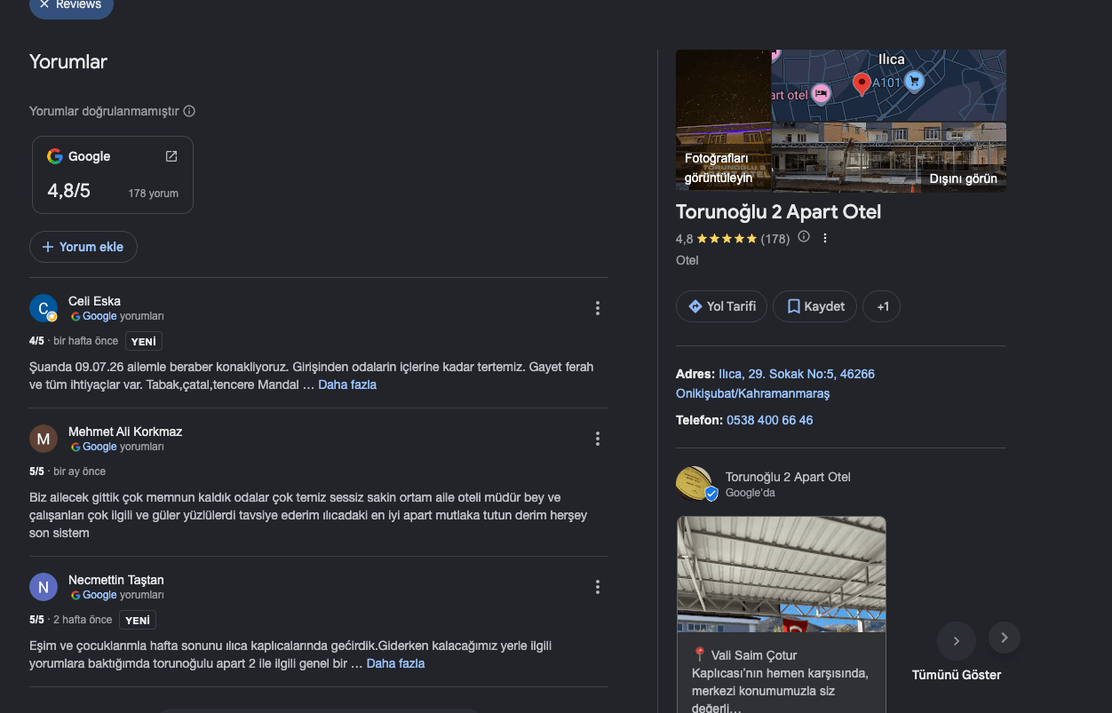 Torunoğlu 2 Apart Otel Google yorumları ekran görüntüsü